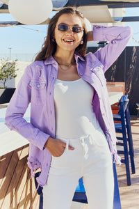 Full Size Distressed Button Down Denim Jacket in Lavender