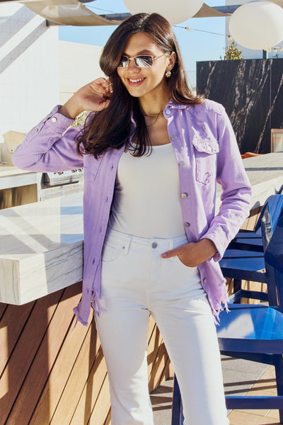 Full Size Distressed Button Down Denim Jacket in Lavender